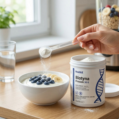 Biotyna proszek — zdrowe włosy, skóra i paznokcie. Dodaj do smoothie i ciesz się efektami.