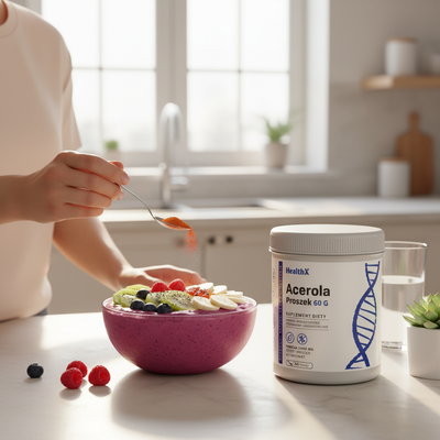 Acerola w proszku — naturalna witamina C prosto z owoców. Dodaj do wody i poczuj różnicę.